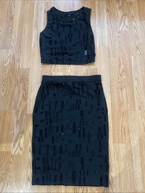 Black Two-Piece Distressed Crop Top & Pencil Skirt Set